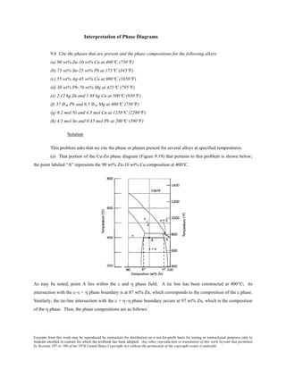 Excerpts from this work may be reproduced by instructors for distribution on a not-for-profit basis for testing or instructional purposes only to
students enrolled in courses for which the textbook has been adopted. Any other reproduction or translation of this work beyond that permitted
by Sections 107 or 108 of the 1976 United States Copyright Act without the permission of the copyright owner is unlawful.
Interpretation of Phase Diagrams
9.8 Cite the phases that are present and the phase compositions for the following alloys:
(a) 90 wt% Zn-10 wt% Cu at 400°C (750°F)
(b) 75 wt% Sn-25 wt% Pb at 175°C (345°F)
(c) 55 wt% Ag-45 wt% Cu at 900°C (1650°F)
(d) 30 wt% Pb-70 wt% Mg at 425°C (795°F)
(e) 2.12 kg Zn and 1.88 kg Cu at 500°C (930°F)
(f) 37 lbm Pb and 6.5 lbm Mg at 400°C (750°F)
(g) 8.2 mol Ni and 4.3 mol Cu at 1250°C (2280°F)
(h) 4.5 mol Sn and 0.45 mol Pb at 200°C (390°F)
Solution
This problem asks that we cite the phase or phases present for several alloys at specified temperatures.
(a) That portion of the Cu-Zn phase diagram (Figure 9.19) that pertains to this problem is shown below;
the point labeled “A” represents the 90 wt% Zn-10 wt% Cu composition at 400°C.
As may be noted, point A lies within the ε and η phase field. A tie line has been constructed at 400°C; its
intersection with the ε−ε + η phase boundary is at 87 wt% Zn, which corresponds to the composition of the ε phase.
Similarly, the tie-line intersection with the ε + η−η phase boundary occurs at 97 wt% Zn, which is the composition
of the η phase. Thus, the phase compositions are as follows:
 