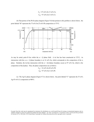 Excerpts from this work may be reproduced by instructors for distribution on a not-for-profit basis for testing or instructional purposes only to
students enrolled in courses for which the textbook has been adopted. Any other reproduction or translation of this work beyond that permitted
by Sections 107 or 108 of the 1976 United States Copyright Act without the permission of the copyright owner is unlawful.
Cε = 87 wt% Zn-13 wt% Cu
Cη = 97 wt% Zn-3 wt% Cu
(b) That portion of the Pb-Sn phase diagram (Figure 9.8) that pertains to this problem is shown below; the
point labeled “B” represents the 75 wt% Sn-25 wt% Pb composition at 175°C.
As may be noted, point B lies within the α + β phase field. A tie line has been constructed at 175°C; its
intersection with the α−α + β phase boundary is at 16 wt% Sn, which corresponds to the composition of the α
phase. Similarly, the tie-line intersection with the α + β−β phase boundary occurs at 97 wt% Sn, which is the
composition of the β phase. Thus, the phase compositions are as follows:
Cα = 16 wt% Sn-84 wt% Pb
Cβ = 97 wt% Sn-3 wt% Pb
(c) The Ag-Cu phase diagram (Figure 9.7) is shown below; the point labeled “C” represents the 55 wt%
Ag-45 wt% Cu composition at 900°C.
 