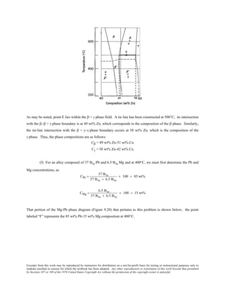 Excerpts from this work may be reproduced by instructors for distribution on a not-for-profit basis for testing or instructional purposes only to
students enrolled in courses for which the textbook has been adopted. Any other reproduction or translation of this work beyond that permitted
by Sections 107 or 108 of the 1976 United States Copyright Act without the permission of the copyright owner is unlawful.
As may be noted, point E lies within the β + γ phase field. A tie line has been constructed at 500°C; its intersection
with the β−β + γ phase boundary is at 49 wt% Zn, which corresponds to the composition of the β phase. Similarly,
the tie-line intersection with the β + γ−γ phase boundary occurs at 58 wt% Zn, which is the composition of the
γ phase. Thus, the phase compositions are as follows:
Cβ = 49 wt% Zn-51 wt% Cu
Cγ = 58 wt% Zn-42 wt% Cu
(f) For an alloy composed of 37 lbm Pb and 6.5 lbm Mg and at 400°C, we must first determine the Pb and
Mg concentrations, as
CPb =
37 lbm
37 lbm + 6.5 lbm
× 100 = 85 wt%
CMg =
6.5 lbm
37 lbm + 6.5 lbm
× 100 = 15 wt%
That portion of the Mg-Pb phase diagram (Figure 9.20) that pertains to this problem is shown below; the point
labeled “F” represents the 85 wt% Pb-15 wt% Mg composition at 400°C.
 