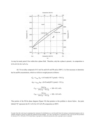 Excerpts from this work may be reproduced by instructors for distribution on a not-for-profit basis for testing or instructional purposes only to
students enrolled in courses for which the textbook has been adopted. Any other reproduction or translation of this work beyond that permitted
by Sections 107 or 108 of the 1976 United States Copyright Act without the permission of the copyright owner is unlawful.
As may be noted, point G lies within the α phase field. Therefore, only the α phase is present; its composition is
63.8 wt% Ni-36.2 wt% Cu.
(h) For an alloy composed of 4.5 mol Sn and 0.45 mol Pb and at 200°C, it is first necessary to determine
the Sn and Pb concentrations, which we will do in weight percent as follows:
nSn
’ = nmSn
ASn = (4.5 mol)(118.71 g/mol) = 534.2 g
nPb
' = nmPb
APb = (0.45 mol)(207.2 g/mol) = 93.2 g
CSn =
534.2 g
534.2 g + 93.2 g
× 100 = 85.1 wt%
CPb =
93.2 g
534.2 g + 93.2 g
× 100 = 14.9 wt%
That portion of the Pb-Sn phase diagram (Figure 9.8) that pertains to this problem is shown below; the point
labeled “H” represents the 85.1 wt% Sn-14.9 wt% Pb composition at 200°C.
 