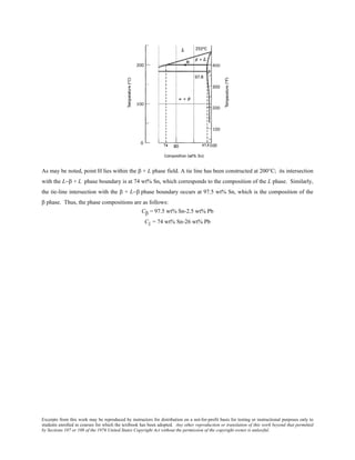 Excerpts from this work may be reproduced by instructors for distribution on a not-for-profit basis for testing or instructional purposes only to
students enrolled in courses for which the textbook has been adopted. Any other reproduction or translation of this work beyond that permitted
by Sections 107 or 108 of the 1976 United States Copyright Act without the permission of the copyright owner is unlawful.
As may be noted, point H lies within the β + L phase field. A tie line has been constructed at 200°C; its intersection
with the L−β + L phase boundary is at 74 wt% Sn, which corresponds to the composition of the L phase. Similarly,
the tie-line intersection with the β + L−β phase boundary occurs at 97.5 wt% Sn, which is the composition of the
β phase. Thus, the phase compositions are as follows:
Cβ = 97.5 wt% Sn-2.5 wt% Pb
CL = 74 wt% Sn-26 wt% Pb
 