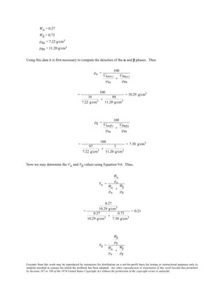 Excerpts from this work may be reproduced by instructors for distribution on a not-for-profit basis for testing or instructional purposes only to
students enrolled in courses for which the textbook has been adopted. Any other reproduction or translation of this work beyond that permitted
by Sections 107 or 108 of the 1976 United States Copyright Act without the permission of the copyright owner is unlawful.
Wα = 0.27
Wβ = 0.73
ρSn = 7.22 g/cm3
ρPb = 11.20 g/cm3
Using this data it is first necessary to compute the densities of the α and β phases. Thus
ρα =
100
CSn(α)
ρSn
+
CPb(α)
ρPb
=
100
16
7.22 g/cm3
+
84
11.20 g/cm3
= 10.29 g/cm3
ρβ =
100
CSn(β)
ρSn
+
CPb(β)
ρPb
=
100
97
7.22 g/cm3
+
3
11.20 g/cm3
= 7.30 g/cm3
Now we may determine the Vα and Vβ values using Equation 9.6. Thus,
Vα =
Wα
ρα
Wα
ρα
+
Wβ
ρβ
=
0.27
10.29 g/cm3
0.27
10.29 g/cm3
+
0.73
7.30 g/cm3
= 0.21
Vβ =
Wβ
ρβ
Wα
ρα
+
Wβ
ρβ
 