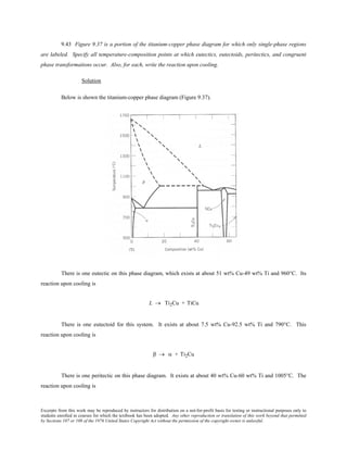 Excerpts from this work may be reproduced by instructors for distribution on a not-for-profit basis for testing or instructional purposes only to
students enrolled in courses for which the textbook has been adopted. Any other reproduction or translation of this work beyond that permitted
by Sections 107 or 108 of the 1976 United States Copyright Act without the permission of the copyright owner is unlawful.
9.43 Figure 9.37 is a portion of the titanium-copper phase diagram for which only single-phase regions
are labeled. Specify all temperature-composition points at which eutectics, eutectoids, peritectics, and congruent
phase transformations occur. Also, for each, write the reaction upon cooling.
Solution
Below is shown the titanium-copper phase diagram (Figure 9.37).
There is one eutectic on this phase diagram, which exists at about 51 wt% Cu-49 wt% Ti and 960°C. Its
reaction upon cooling is
L → Ti2Cu + TiCu
There is one eutectoid for this system. It exists at about 7.5 wt% Cu-92.5 wt% Ti and 790°C. This
reaction upon cooling is
β → α + Ti2Cu
There is one peritectic on this phase diagram. It exists at about 40 wt% Cu-60 wt% Ti and 1005°C. The
reaction upon cooling is
 