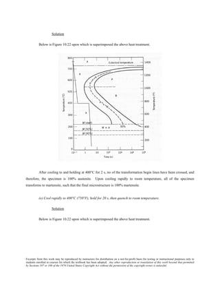 Excerpts from this work may be reproduced by instructors for distribution on a not-for-profit basis for testing or instructional purposes only to
students enrolled in courses for which the textbook has been adopted. Any other reproduction or translation of this work beyond that permitted
by Sections 107 or 108 of the 1976 United States Copyright Act without the permission of the copyright owner is unlawful.
Solution
Below is Figure 10.22 upon which is superimposed the above heat treatment.
After cooling to and holding at 400°C for 2 s, no of the transformation begin lines have been crossed, and
therefore, the specimen is 100% austenite. Upon cooling rapidly to room temperature, all of the specimen
transforms to martensite, such that the final microstructure is 100% martensite.
(e) Cool rapidly to 400°C (750°F), hold for 20 s, then quench to room temperature.
Solution
Below is Figure 10.22 upon which is superimposed the above heat treatment.
 