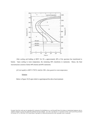 Excerpts from this work may be reproduced by instructors for distribution on a not-for-profit basis for testing or instructional purposes only to
students enrolled in courses for which the textbook has been adopted. Any other reproduction or translation of this work beyond that permitted
by Sections 107 or 108 of the 1976 United States Copyright Act without the permission of the copyright owner is unlawful.
After cooling and holding at 400°C for 20 s, approximately 40% of the specimen has transformed to
bainite. Upon cooling to room temperature, the remaining 60% transforms to martensite. Hence, the final
microstructure consists of about 40% bainite and 60% martensite.
(f) Cool rapidly to 400°C (750°F), hold for 200 s, then quench to room temperature.
Solution
Below is Figure 10.22 upon which is superimposed the above heat treatment.
 