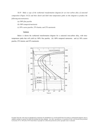 Excerpts from this work may be reproduced by instructors for distribution on a not-for-profit basis for testing or instructional purposes only to
students enrolled in courses for which the textbook has been adopted. Any other reproduction or translation of this work beyond that permitted
by Sections 107 or 108 of the 1976 United States Copyright Act without the permission of the copyright owner is unlawful.
10.19 Make a copy of the isothermal transformation diagram for an iron–carbon alloy of eutectoid
composition (Figure 10.22) and then sketch and label time–temperature paths on this diagram to produce the
following microstructures:
(a) 100% fine pearlite
(b) 100% tempered martensite
(c) 50% coarse pearlite, 25% bainite, and 25% martensite
Solution
Below is shown the isothermal transformation diagram for a eutectoid iron-carbon alloy, with time-
temperature paths that will yield (a) 100% fine pearlite; (b) 100% tempered martensite; and (c) 50% coarse
pearlite, 25% bainite, and 25% martensite.
 