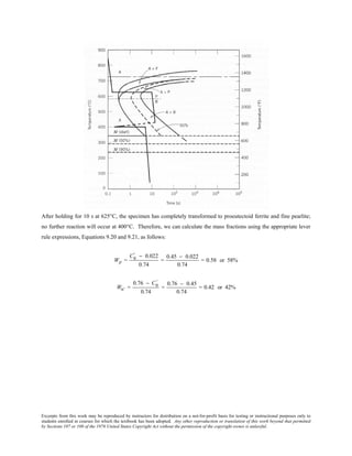 Excerpts from this work may be reproduced by instructors for distribution on a not-for-profit basis for testing or instructional purposes only to
students enrolled in courses for which the textbook has been adopted. Any other reproduction or translation of this work beyond that permitted
by Sections 107 or 108 of the 1976 United States Copyright Act without the permission of the copyright owner is unlawful.
After holding for 10 s at 625°C, the specimen has completely transformed to proeutectoid ferrite and fine pearlite;
no further reaction will occur at 400°C. Therefore, we can calculate the mass fractions using the appropriate lever
rule expressions, Equations 9.20 and 9.21, as follows:
Wp =
C0
’ − 0.022
0.74
=
0.45 − 0.022
0.74
= 0.58 or 58%
Wα' =
0.76 − C0
’
0.74
=
0.76 − 0.45
0.74
= 0.42 or 42%
 