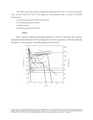 Excerpts from this work may be reproduced by instructors for distribution on a not-for-profit basis for testing or instructional purposes only to
students enrolled in courses for which the textbook has been adopted. Any other reproduction or translation of this work beyond that permitted
by Sections 107 or 108 of the 1976 United States Copyright Act without the permission of the copyright owner is unlawful.
10.22 Make a copy of the isothermal transformation diagram for a 0.45 wt% C iron-carbon alloy (Figure
10.39), and then sketch and label on this diagram the time-temperature paths to produce the following
microstructures:
(a) 42% proeutectoid ferrite and 58% coarse pearlite
(b) 50% fine pearlite and 50% bainite
(c) 100% martensite
(d) 50% martensite and 50% austenite
Solution
Below is shown an isothermal transformation diagram for a 0.45 wt% C iron-carbon alloy, with time-
temperature paths that will produce (a) 42% proeutectoid ferrite and 58% coarse pearlite; (b) 50% fine pearlite and
50% bainite; (c) 100% martensite; and (d) 50% martensite and 50% austenite.
 