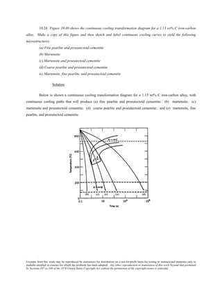 Excerpts from this work may be reproduced by instructors for distribution on a not-for-profit basis for testing or instructional purposes only to
students enrolled in courses for which the textbook has been adopted. Any other reproduction or translation of this work beyond that permitted
by Sections 107 or 108 of the 1976 United States Copyright Act without the permission of the copyright owner is unlawful.
10.24 Figure 10.40 shows the continuous cooling transformation diagram for a 1.13 wt% C iron-carbon
alloy. Make a copy of this figure and then sketch and label continuous cooling curves to yield the following
microstructures:
(a) Fine pearlite and proeutectoid cementite
(b) Martensite
(c) Martensite and proeutectoid cementite
(d) Coarse pearlite and proeutectoid cementite
(e) Martensite, fine pearlite, and proeutectoid cementite
Solution
Below is shown a continuous cooling transformation diagram for a 1.13 wt% C iron-carbon alloy, with
continuous cooling paths that will produce (a) fine pearlite and proeutectoid cementite; (b) martensite; (c)
martensite and proeutectoid cementite; (d) coarse pearlite and proeutectoid cementite; and (e) martensite, fine
pearlite, and proeutectoid cementite.
 