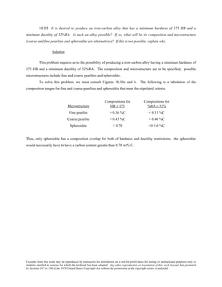 Excerpts from this work may be reproduced by instructors for distribution on a not-for-profit basis for testing or instructional purposes only to
students enrolled in courses for which the textbook has been adopted. Any other reproduction or translation of this work beyond that permitted
by Sections 107 or 108 of the 1976 United States Copyright Act without the permission of the copyright owner is unlawful.
10.D3 It is desired to produce an iron-carbon alloy that has a minimum hardness of 175 HB and a
minimum ductility of 52%RA. Is such an alloy possible? If so, what will be its composition and microstructure
(coarse and fine pearlites and spheroidite are alternatives)? If this is not possible, explain why.
Solution
This problem inquires as to the possibility of producing a iron-carbon alloy having a minimum hardness of
175 HB and a minimum ductility of 52%RA. The composition and microstructure are to be specified; possible
microstructures include fine and coarse pearlites and spheroidite.
To solve this problem, we must consult Figures 10.30a and b. The following is a tabulation of the
composition ranges for fine and coarse pearlites and spheroidite that meet the stipulated criteria.
Compositions for Compositions for
Microstructure HB ≥ 175 %RA ≥ 52%
Fine pearlite > 0.36 %C < 0.33 %C
Coarse pearlite > 0.43 %C < 0.40 %C
Spheroidite > 0.70 <0-1.0 %C
Thus, only spheroidite has a composition overlap for both of hardness and ductility restrictions; the spheroidite
would necessarily have to have a carbon content greater than 0.70 wt% C.
 