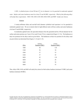 Excerpts from this work may be reproduced by instructors for distribution on a not-for-profit basis for testing or instructional purposes only to
students enrolled in courses for which the textbook has been adopted. Any other reproduction or translation of this work beyond that permitted
by Sections 107 or 108 of the 1976 United States Copyright Act without the permission of the copyright owner is unlawful.
11.D9 A cylindrical piece of steel 90 mm (3
1
2
in.) in diameter is to be quenched in moderately agitated
water. Surface and center hardnesses must be at least 55 and 40 HRC, respectively. Which of the following alloys
will satisfy these requirements: 1040, 5140, 4340, 4140, 8620, 8630, 8640, and 8660? Justify your choices.
Solution
A ninety-millimeter (three and one-half inch) diameter cylindrical steel specimen is to be quenched in
moderately agitated water. We are to decide which of eight different steels will have surface and center hardnesses
of at least 55 and 40 HRC, respectively.
In moderately agitated water, the equivalent distances from the quenched end for a 90 mm diameter bar for
surface and center positions are 3 mm (1/8 in.) and 22 mm (7/8 in.), respectively [Figure 11.17a]. The hardnesses at
these two positions for the alloys cited are given below. The hardnesses at these two positions for the alloys cited
are given below (as determined from Figures 11.14 and 11.15).
Surface Center
Alloy Hardness (HRC) Hardness (HRC)
1040 50 < 20
5140 56 34
4340 57 53
4140 57 45
8620 42 < 20
8630 51 28
8640 56 38
8660 64 55
Thus, alloys 4340, 4140, and 8660 will satisfy the criteria for both surface hardness (minimum 55 HRC) and center
hardness (minimum 40 HRC).
 