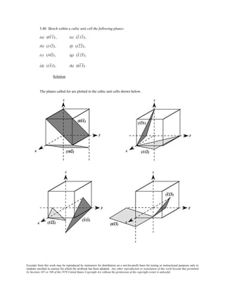Excerpts from this work may be reproduced by instructors for distribution on a not-for-profit basis for testing or instructional purposes only to
students enrolled in courses for which the textbook has been adopted. Any other reproduction or translation of this work beyond that permitted
by Sections 107 or 108 of the 1976 United States Copyright Act without the permission of the copyright owner is unlawful.
3.40 Sketch within a cubic unit cell the following planes:
(a) (011) , (e) (111) ,
(b) (112), (f) (122),
(c) (102), (g) (123),
(d) (131), (h) (013)
Solution
The planes called for are plotted in the cubic unit cells shown below.
 