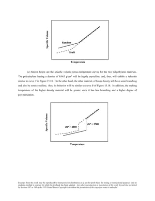 Excerpts from this work may be reproduced by instructors for distribution on a not-for-profit basis for testing or instructional purposes only to
students enrolled in courses for which the textbook has been adopted. Any other reproduction or translation of this work beyond that permitted
by Sections 107 or 108 of the 1976 United States Copyright Act without the permission of the copyright owner is unlawful.
(c) Shown below are the specific volume-versus-temperature curves for the two polyethylene materials.
The polyethylene having a density of 0.985 g/cm3 will be highly crystalline, and, thus, will exhibit a behavior
similar to curve C in Figure 15.18. On the other hand, the other material, of lower density will have some branching
and also be semicrystalline; thus, its behavior will be similar to curve B of Figure 15.18. In addition, the melting
temperature of the higher density material will be greater since it has less branching and a higher degree of
polymerization.
 