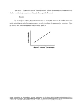 Excerpts from this work may be reproduced by instructors for distribution on a not-for-profit basis for testing or instructional purposes only to
students enrolled in courses for which the textbook has been adopted. Any other reproduction or translation of this work beyond that permitted
by Sections 107 or 108 of the 1976 United States Copyright Act without the permission of the copyright owner is unlawful.
15.35 Make a schematic plot showing how the modulus of elasticity of an amorphous polymer depends on
the glass transition temperature. Assume that molecular weight is held constant.
Solution
For an amorphous polymer, the elastic modulus may be enhanced by increasing the number of crosslinks
(while maintaining the molecular weight constant); this will also enhance the glass transition temperature. Thus,
the modulus-glass transition temperature behavior would appear as
 