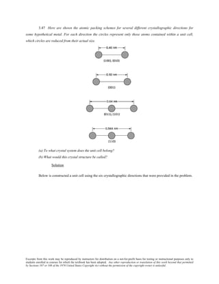 Excerpts from this work may be reproduced by instructors for distribution on a not-for-profit basis for testing or instructional purposes only to
students enrolled in courses for which the textbook has been adopted. Any other reproduction or translation of this work beyond that permitted
by Sections 107 or 108 of the 1976 United States Copyright Act without the permission of the copyright owner is unlawful.
3.47 Here are shown the atomic packing schemes for several different crystallographic directions for
some hypothetical metal. For each direction the circles represent only those atoms contained within a unit cell,
which circles are reduced from their actual size.
(a) To what crystal system does the unit cell belong?
(b) What would this crystal structure be called?
Solution
Below is constructed a unit cell using the six crystallographic directions that were provided in the problem.
 