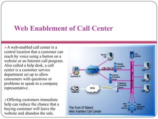 Web Enablement of Call Center
A web-enabled call center is a
central location that a customer can
reach by voice using a button on a
website or an Internet call program.
Also called a help desk, a call
center is a customer service
department set up to allow
consumers with questions or
problems to speak to a company
representative.
Offering customers immediate
help can reduce the chance that a
buying customer will leave the
website and abandon the sale.
 