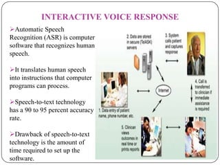 INTERACTIVE VOICE RESPONSE
Automatic Speech
Recognition (ASR) is computer
software that recognizes human
speech.
It translates human speech
into instructions that computer
programs can process.
Speech-to-text technology
has a 90 to 95 percent accuracy
rate.
Drawback of speech-to-text
technology is the amount of
time required to set up the
software.
 