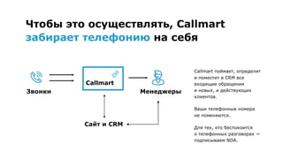 Чтобы это осуществлять, Callmart  
забирает телефонию на себя
Звонки
Callmart
Сайт и CRM
Менеджеры
Callmart поймает, определит
и поместит в CRM все
входящие обращения 
и новых, и действующих
клиентов.
Ваши телефонные номера 
не поменяются.
Для тех, кто беспокоится 
о телефонных разговорах —
подписываем NDA.
 