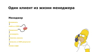 Один клиент из жизни менеджера
Менеджер
Вспомнить
Найти в CRM
Позвонить
Поговорить
Отметить звонок
Записать в CRM результат
Снова кофе
 