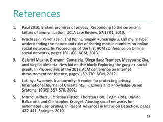 References
1.

Paul 2010, Broken promises of privacy: Responding to the surprising
failure of anonymization. UCLA Law Review, 57:1701, 2010.

2.

Prachi Jain, Paridhi Jain, and Ponnurangam Kumaraguru. Call me maybe:
understanding the nature and risks of sharing mobile numbers on online
social networks. In Proceedings of the first ACM conference on Online
social networks, pages 101-106. ACM, 2013.

3.

Gabriel Magno, Giovanni Comarela, Diego Saez-Trumper, Meeyoung Cha,
and Virgilio Almeida. New kid on the block: Exploring the google+ social
graph. In Proceedings of the 2012 ACM conference on Internet
measurement conference, pages 159-170. ACM, 2012.

4.

Latanya Sweeney. k-anonymity: A model for protecting privacy.
International Journal of Uncertainty, Fuzziness and Knowledge-Based
Systems, 10(05):557-570, 2002.

5.

Marco Balduzzi, Christian Platzer, Thorsten Holz, Engin Kirda, Davide
Balzarotti, and Christopher Kruegel. Abusing social networks for
automated user proling. In Recent Advances in Intrusion Detection, pages
422-441. Springer, 2010.
65

 