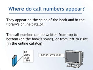 Where do call numbers appear?They appear on the spine of the book and in the library’s online catalog.The call number can be written from top to bottom (on the book’s spine), or from left to right (in the online catalog).LB2395.C651991LB2395 .C65 1991