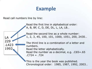 ExampleRead call numbers line by line:Read the first line in alphabetical order:A, B, BF, C, D, DE, DL, L, LA, LB…Read the second line as a whole number:1, 2, 3, 45, 100, 101, 1000, 1051, 200, 2430…The third line is a combination of a letter and numbers.  Read the letter alphabetically.  Read the number as a decimal, e.g. .C65=.65 .C724 = .724This is the year the book was published.Chronological order:  1985, 1987, 1992, 2003…LA229.L4231993