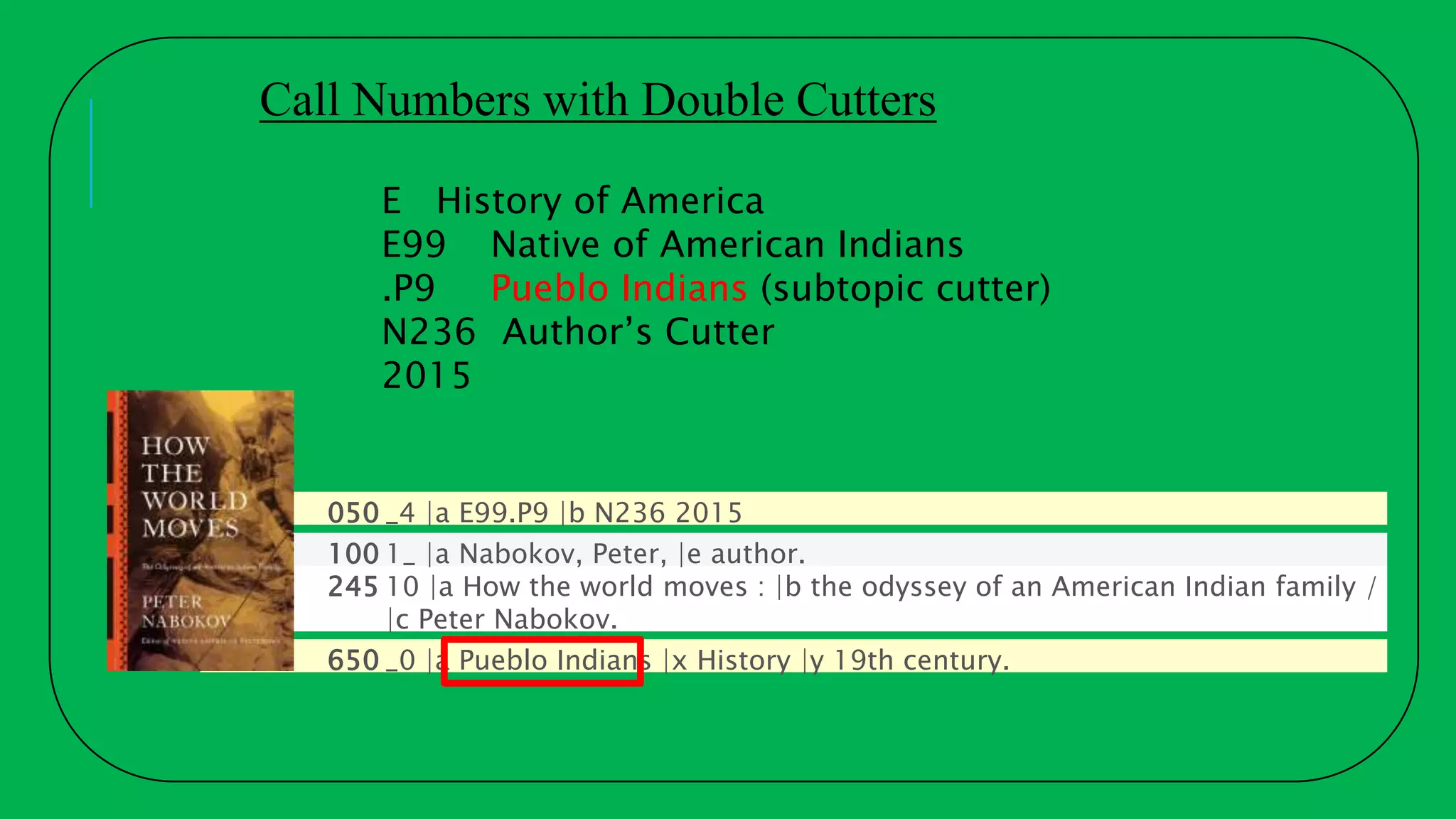 100 1_ |a Nabokov, Peter, |e author.
245 10 |a How the world moves : |b the odyssey of an American Indian family /
|c Peter Nabokov.
650 _0 |a Pueblo Indians |x History |y 19th century.
050 _4 |a E99.P9 |b N236 2015
E History of America
E99 Native of American Indians
.P9 Pueblo Indians (subtopic cutter)
N236 Author’s Cutter
2015
Call Numbers with Double Cutters
 