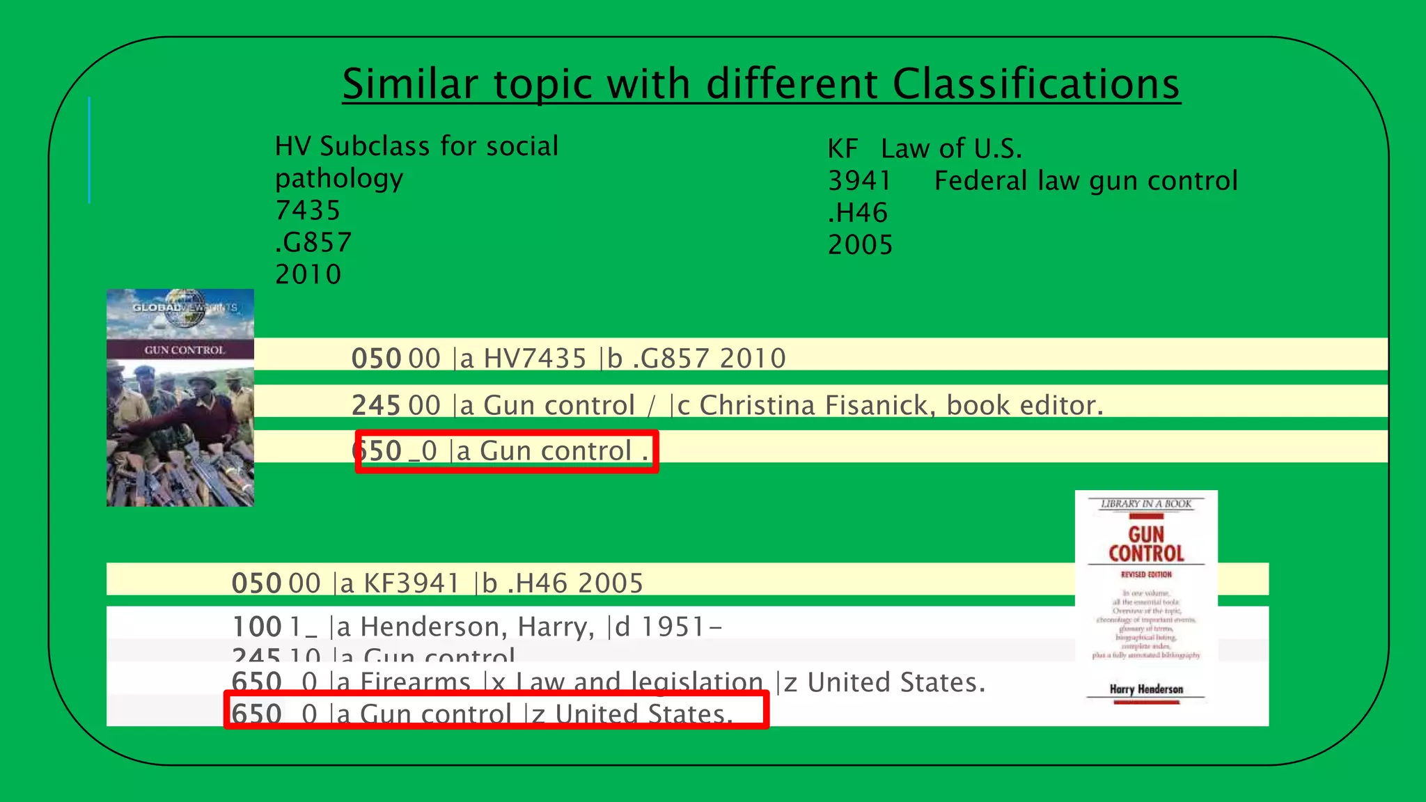 050 00 |a HV7435 |b .G857 2010
245 00 |a Gun control / |c Christina Fisanick, book editor.
650 _0 |a Gun control .
050 00 |a KF3941 |b .H46 2005
100 1_ |a Henderson, Harry, |d 1951-
245 10 |a Gun control
650 _0 |a Firearms |x Law and legislation |z United States.
650 _0 |a Gun control |z United States.
HV Subclass for social
pathology
7435
.G857
2010
KF Law of U.S.
3941 Federal law gun control
.H46
2005
Similar topic with different Classifications
 