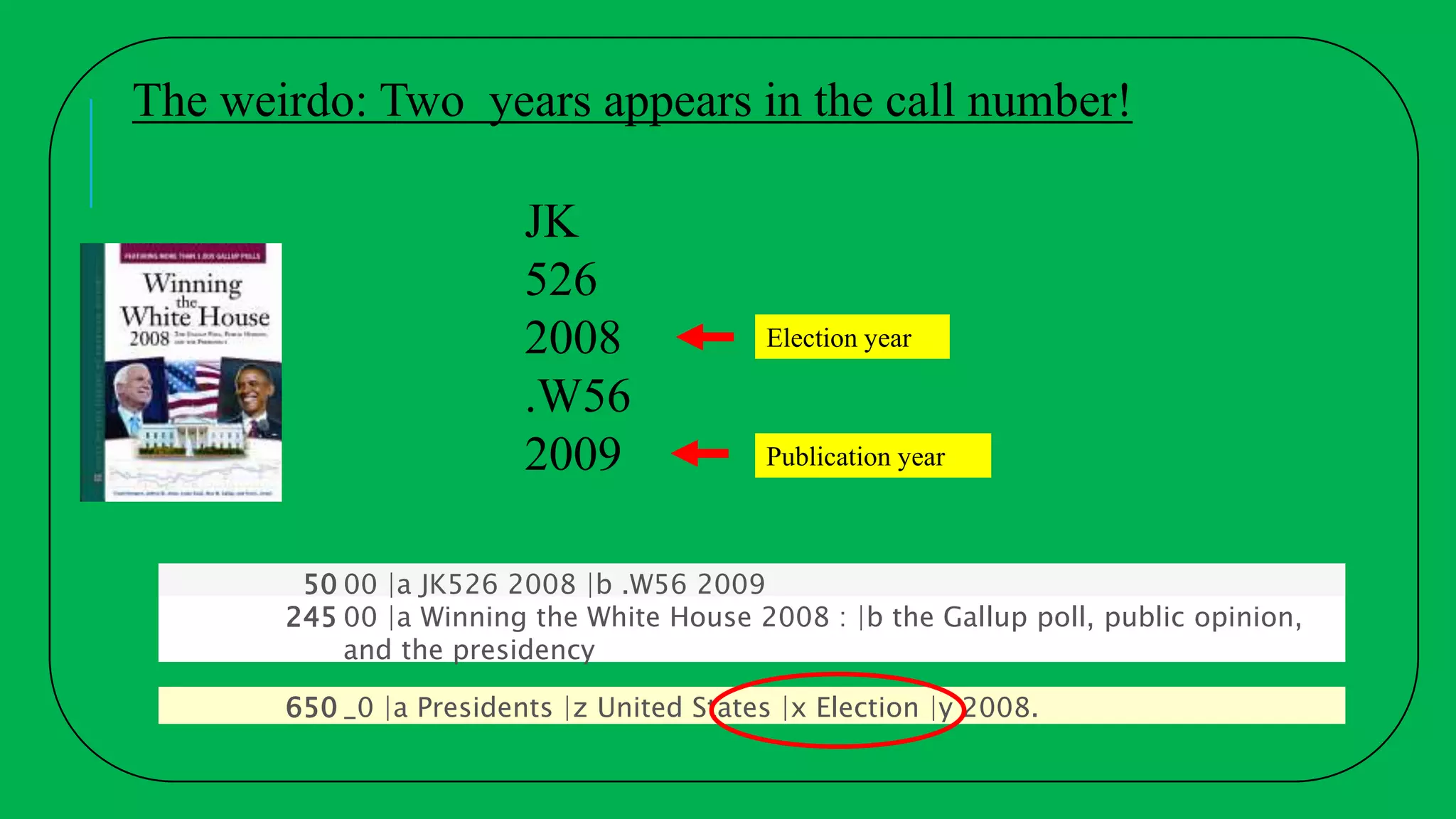 50 00 |a JK526 2008 |b .W56 2009
245 00 |a Winning the White House 2008 : |b the Gallup poll, public opinion,
and the presidency
650 _0 |a Presidents |z United States |x Election |y 2008.
JK
526
2008
.W56
2009
The weirdo: Two years appears in the call number!
Election year
Publication year
 