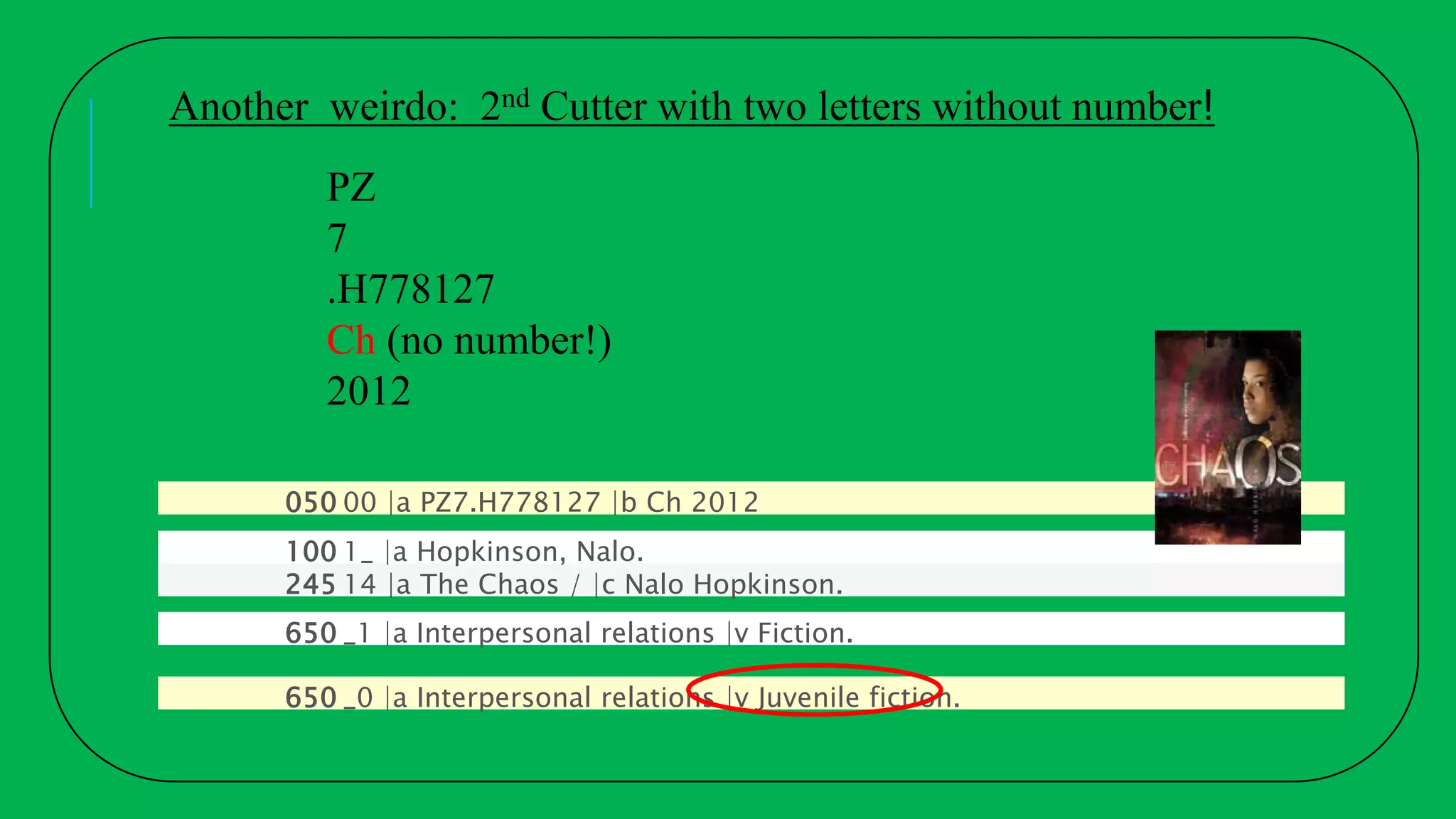100 1_ |a Hopkinson, Nalo.
245 14 |a The Chaos / |c Nalo Hopkinson.
050 00 |a PZ7.H778127 |b Ch 2012
650 _0 |a Interpersonal relations |v Juvenile fiction.
650 _1 |a Interpersonal relations |v Fiction.
PZ
7
.H778127
Ch (no number!)
2012
Another weirdo: 2nd Cutter with two letters without number!
 