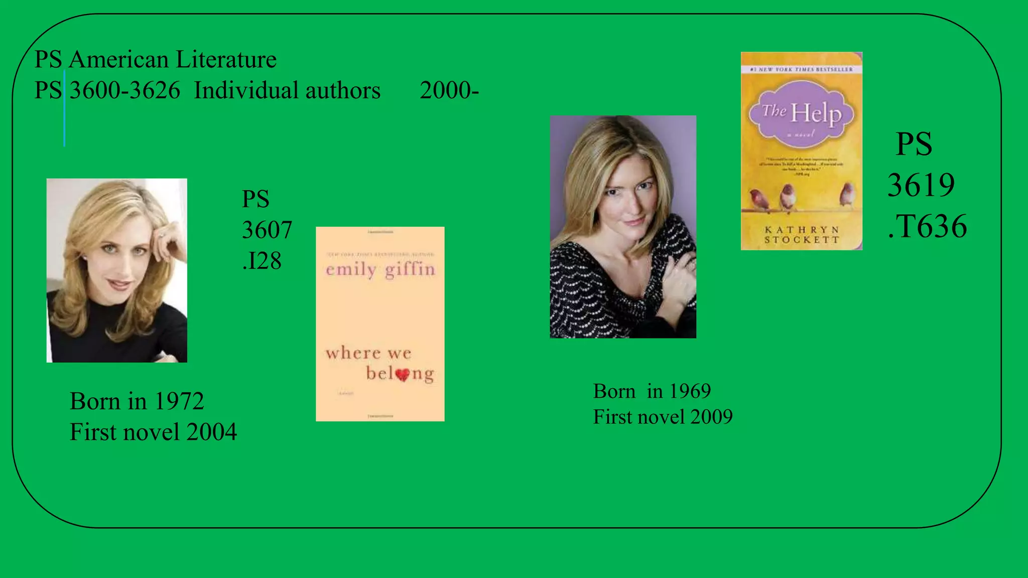 PS American Literature
PS 3600-3626 Individual authors 2000-
PS
3607
.I28
Born in 1972
First novel 2004
PS
3619
.T636
Born in 1969
First novel 2009
 