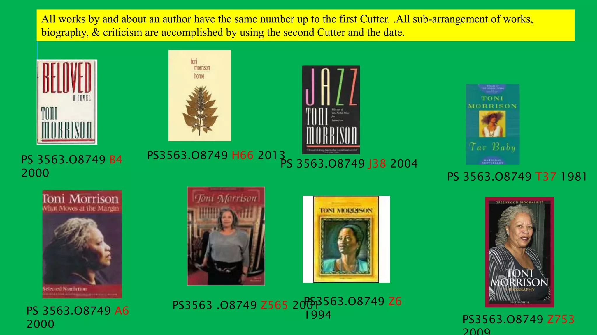 PS 3563.O8749 B4
2000
PS 3563.O8749 J38 2004
PS 3563.O8749 T37 1981
PS3563.O8749 H66 2013
PS 3563.O8749 A6
2000
PS3563 .O8749 Z565 2001PS3563.O8749 Z6
1994 PS3563.O8749 Z753
All works by and about an author have the same number up to the first Cutter. .All sub-arrangement of works,
biography, & criticism are accomplished by using the second Cutter and the date.
 