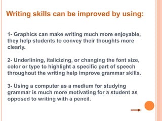 Writing skills can be improved by using: 
1- Graphics can make writing much more enjoyable, 
they help students to convey their thoughts more 
clearly. 
2- Underlining, italicizing, or changing the font size, 
color or type to highlight a specific part of speech 
throughout the writing help improve grammar skills. 
3- Using a computer as a medium for studying 
grammar is much more motivating for a student as 
opposed to writing with a pencil. 
 