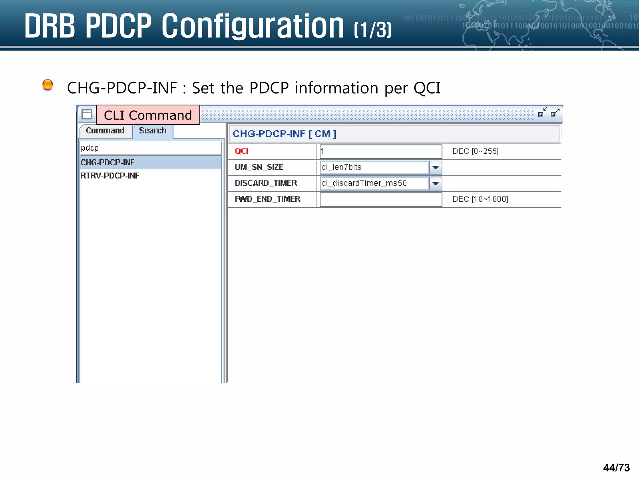 44/73
DRB PDCP Configuration (1/3)
CHG-PDCP-INF : Set the PDCP information per QCI
CLI Command
 
