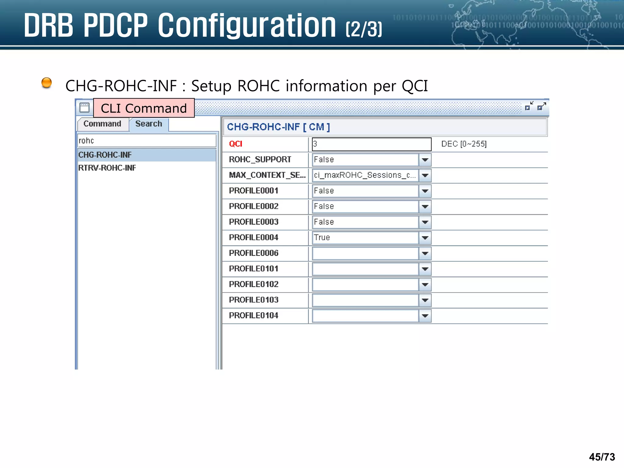 45/73
DRB PDCP Configuration (2/3)
CHG-ROHC-INF : Setup ROHC information per QCI
CLI Command
 
