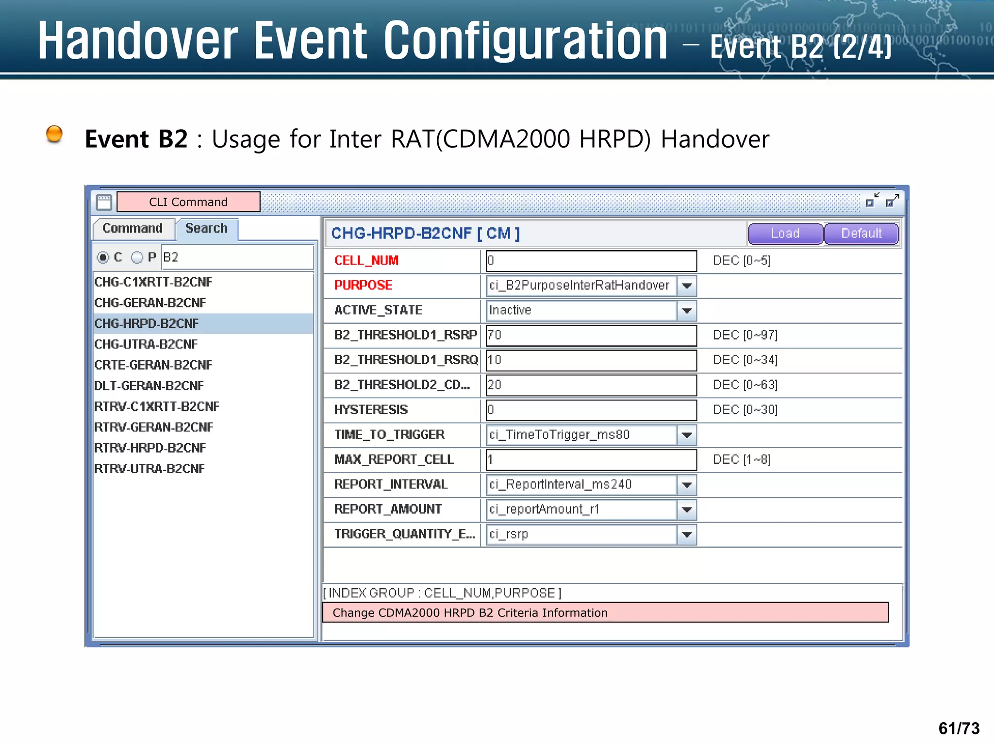 61/73
Handover Event Configuration – Event B2 (2/4)
Event B2 : Usage for Inter RAT(CDMA2000 HRPD) Handover
CLI Command
Change CDMA2000 HRPD B2 Criteria Information
 