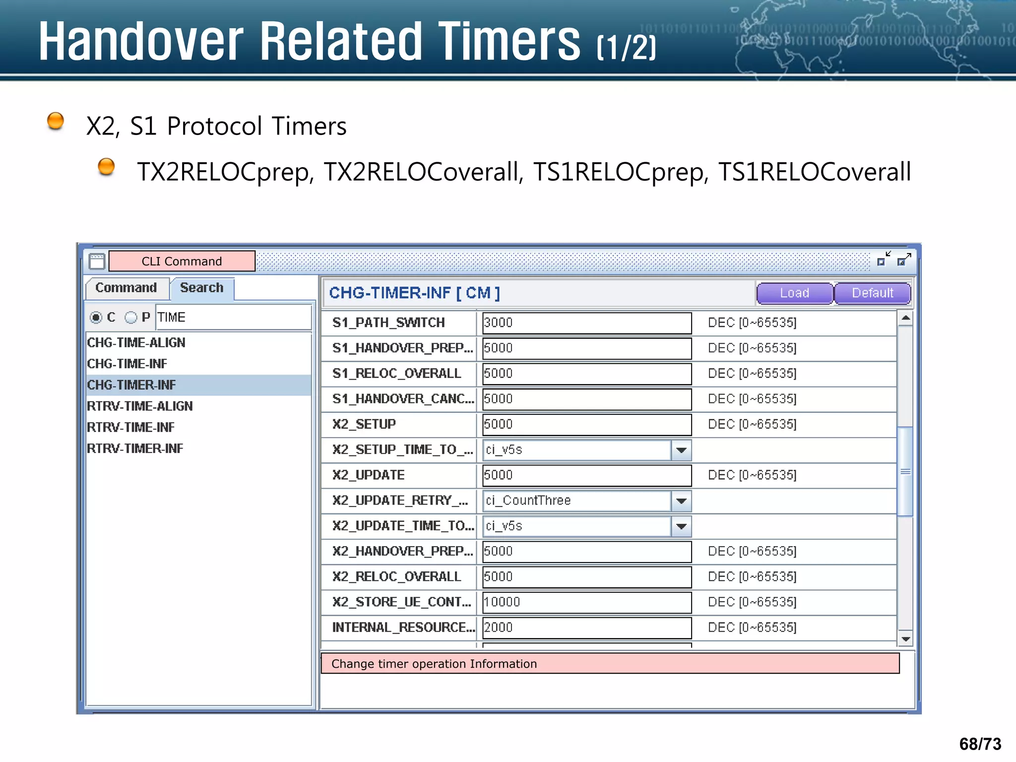 68/73
Handover Related Timers (1/2)
X2, S1 Protocol Timers
TX2RELOCprep, TX2RELOCoverall, TS1RELOCprep, TS1RELOCoverall
CLI Command
Change timer operation Information
 