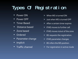 Types Of Registration Power ON Power OFF Timer Based Distance based Zone based  Ordered Parameter change Implicit Traffic channel When MS is turned ON Just when MS is turned OFF After a certain timer expires If MS moves to further cell If MS moves in/out of the zone BS requests the registration. If MS parameter changes BS infers the MS position. For registration in active mode  