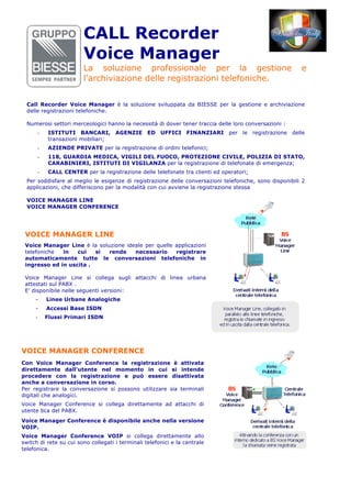 CALL Recorder
                        Voice Manager
                        Registrazioni telefoniche.
                        La soluzione professionale per la gestione                                       e
                        l’archiviazione delle registrazioni telefoniche.


  Call Recorder Voice Manager è la soluzione sviluppata da BIESSE per la gestione e archiviazione
  delle registrazioni telefoniche.

  Numerosi settori merceologici hanno la necessità di dover tener traccia delle loro conversazioni :
      -    ISTITUTI BANCARI, AGENZIE ED UFFICI FINANZIARI per le registrazione delle
           transazioni mobiliari;
      -    AZIENDE PRIVATE per la registrazione di ordini telefonici;
      -    118, GUARDIA MEDICA, VIGILI DEL FUOCO, PROTEZIONE CIVILE, POLIZIA DI STATO,
           CARABINIERI, ISTITUTI DI VIGILANZA per la registrazione di telefonate di emergenza;
      -    CALL CENTER per la registrazione delle telefonate tra clienti ed operatori;
  Per soddisfare al meglio le esigenze di registrazione delle conversazioni telefoniche, sono disponibili 2
  applicazioni, che differiscono per la modalità con cui avviene la registrazione stessa

  VOICE MANAGER LINE
  VOICE MANAGER CONFERENCE




 VOICE MANAGER LINE
 Voice Manager Line è la soluzione ideale per quelle applicazioni
 telefoniche  in   cui   si  rende    necessario     registrare
 automaticamente tutte le conversazioni telefoniche in
 ingresso ed in uscita .

 Voice Manager Line si collega sugli attacchi di linea urbana
 attestati sul PABX .
 E’ disponibile nelle seguenti versioni:
     -    Linee Urbane Analogiche
     -    Accessi Base ISDN
     -    Flussi Primari ISDN




VOICE MANAGER CONFERENCE
Con Voice Manager Conference la registrazione è attivata
direttamente dall’utente nel momento in cui si intende
procedere con la registrazione e può essere disattivata
anche a conversazione in corso.
Per registrare la conversazione si possono utilizzare sia terminali
digitali che analogici.
Voice Manager Conference si collega direttamente ad attacchi di
utente bca del PABX.
Voice Manager Conference è disponibile anche nella versione
VOIP.
Voice Manager Conference VOIP si collega direttamente allo
switch di rete su cui sono collegati i terminali telefonici e la centrale
telefonica.
 