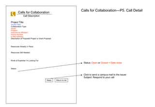 Calls for Collaboration Calls for CollaborationP5. Call Detail Project Title:  Issued Date Collaboration Type:  Issuer: Position: Institutional Affiliation: Phone Number: E-Mail Address: Description of Proposed Project or Grant Proposal Resources Already in Place: Resources Still Needed : Kinds of Expertise Im Looking For: Status: Reply Return to list Click to send a campus mail to the issuer  Subject: Respond to your call Call Description Status:  Open  or  Closed + Date close 