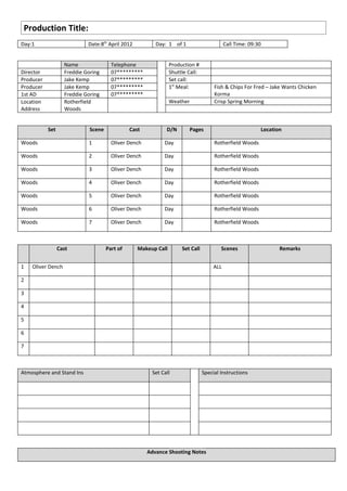 Production Title:
Day:1                       Date:8th April 2012          Day: 1 of 1                       Call Time: 09:30


                   Name                Telephone                Production #
Director           Freddie Goring      07*********              Shuttle Call:
Producer           Jake Kemp           07*********              Set call:
Producer           Jake Kemp           07*********              1st Meal:            Fish & Chips For Fred – Jake Wants Chicken
1st AD             Freddie Goring      07*********                                   Korma
Location           Rotherfield                                  Weather              Crisp Spring Morning
Address            Woods


           Set               Scene             Cast          D/N          Pages                           Location

Woods                       1          Oliver Dench         Day                      Rotherfield Woods

Woods                       2          Oliver Dench         Day                      Rotherfield Woods

Woods                       3          Oliver Dench         Day                      Rotherfield Woods

Woods                       4          Oliver Dench         Day                      Rotherfield Woods

Woods                       5          Oliver Dench         Day                      Rotherfield Woods

Woods                       6          Oliver Dench         Day                      Rotherfield Woods

Woods                       7          Oliver Dench         Day                      Rotherfield Woods



                 Cast                Part of      Makeup Call        Set Call           Scenes                   Remarks


1   Oliver Dench                                                                     ALL

2

3

4

5

6

7



Atmosphere and Stand Ins                               Set Call                 Special Instructions




                                                      Advance Shooting Notes
 