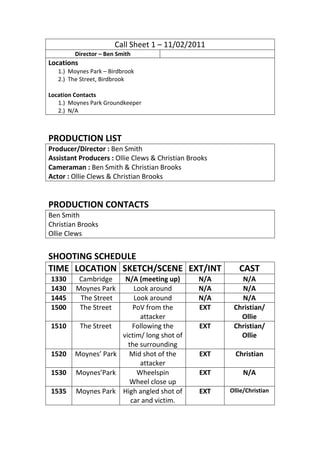 [object Object],PRODUCTION LIST<br />Producer/Director : Ben SmithAssistant Producers : Ollie Clews & Christian BrooksCameraman : Ben Smith & Christian BrooksActor : Ollie Clews & Christian Brooks<br />PRODUCTION CONTACTS<br />Ben SmithChristian BrooksOllie Clews<br />SHOOTING SCHEDULE<br />TIMELOCATIONSKETCH/SCENEEXT/INTCAST1330CambridgeN/A (meeting up)N/AN/A1430Moynes ParkLook aroundN/AN/A1445 The StreetLook aroundN/AN/A1500The StreetPoV from the attacker EXTChristian/Ollie1510The Street Following the victim/ long shot of the surroundingEXTChristian/Ollie1520Moynes’ ParkMid shot of the attackerEXT Christian1530Moynes’ParkWheelspin Wheel close upEXTN/A1535Moynes ParkHigh angled shot of car and victim.EXTOllie/ChristianTIMELOCATIONSKETCH/SCENEEXT/INTCAST1545Moynes ParkEstablishing shot from inside the carEXTChristian/ Ollie1600Moynes ParkTracking shot of victimEXTOllie1610Moynes ParkExtreme close-up of seatbeltEXTChristian1615Moynes ParkClose-up of weaponEXTChristian1620Moynes ParkMid-shot of attacker exiting carEXTChristian1625Moynes ParkClose-up of victim’s faceEXTOllie1630Moynes ParkPoint of View shot of victim running awayEXTOllie1640Moynes ParkPoint of View of attacker chasing victimEXTChristian/ Ollie1645Moynes ParkPanning shot of forestEXTN/A1650Moynes ParkMid-shot of dead bodyEXTOllie1700Moynes Park/The StreetWatch over recorded clips and decide what to re-recordEXTN/A1730Moynes ParkPack upEXTN/A<br />