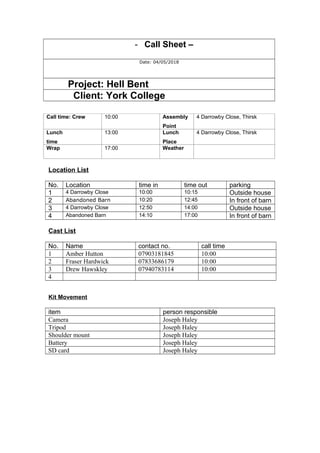- Call Sheet –
Date: 04/05/2018
Project: Hell Bent
Client: York College
Call time: Crew 10:00 Assembly
Point
4 Darrowby Close, Thirsk
Lunch
time
13:00 Lunch
Place
4 Darrowby Close, Thirsk
Wrap 17:00 Weather
Location List
No. Location time in time out parking
1 4 Darrowby Close 10:00 10:15 Outside house
2 Abandoned Barn 10:20 12:45 In front of barn
3 4 Darrowby Close 12:50 14:00 Outside house
4 Abandoned Barn 14:10 17:00 In front of barn
Cast List
No. Name contact no. call time
1 Amber Hutton 07903181845 10:00
2 Fraser Hardwick 07833686179 10:00
3 Drew Hawskley 07940783114 10:00
4
Kit Movement
item person responsible
Camera Joseph Haley
Tripod Joseph Haley
Shoulder mount Joseph Haley
Battery Joseph Haley
SD card Joseph Haley
 