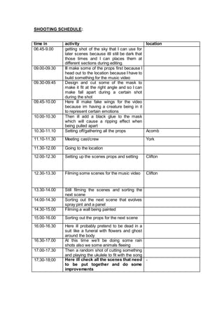 SHOOTING SCHEDULE:
time in activity location
06.45-9.00 getting shot of the sky that I can use for
later scenes because itll still be dark that
those times and I can places them at
different sections during editing.
09.00-09.30 Ill make some of the props first because I
head out to the location because I have to
build something for the music video
09.30-09.45 Design and cut some of the mask to
make it fit at the right angle and so I can
make fall apart during a certain shot
during the shot
09.45-10.00 Here ill make fake wings for the video
because im having a creature being in it
to represent certain emotions
10.00-10.30 Then ill add a black glue to the mask
which will cause a ripping effect when
being pulled apart
10.30-11.10 Setting off/gathering all the props Acomb
11.10-11.30 Meeting cast/crew York
11.30-12.00 Going to the location
12.00-12.30 Setting up the scenes props and setting Clifton
12.30-13.30 Filming some scenes for the music video Clifton
13.30-14.00 Still filming the scenes and sorting the
next scene
14.00-14.30 Sorting out the next scene that evolves
spray pint and a panel
14.30-15.00 Filming a wall being painted
15.00-16.00 Sorting out the props for the next scene
16.00-16.30 Here ill probably pretend to be dead in a
suit like a funeral with flowers and ghost
around the body
16.30-17.00 At this time we’ll be doing some rain
shots also we some animals fleeing
17.00-17.30 Then a random shot of cutting something
and playing the ukulele to fit with the song
17;30-18;00 Here ill check all the scenes that need
to be put together and do some
improvements
-
 