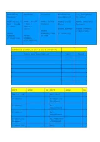 Executive
Producer
NAME:Nikon -
Ben - Suela
- Laura
PHONE
NUMBER:
07903425282
Producer
NAME: Nikon
- Ben -
Suela -
Laura
PHONE
NUMBER:
07903425282
Director
NAME: Laura
hodgson
PHONE
NUMBER:07814
517044
Production
coordinator
NAME: Suela
Elezi
PHONE NUMBER:
07792062015
1st assistant
director
NAME: Benjamin
Karrass
PHONE NUMBER:
07903425282
Advanced Schedule Day x of x 00-00-00
Scene and Description Cast Pages
DEPT NAME IN DEPT NAME IN
PRODUCTION ART DEPT
Producer Production
Designer
Producer Art
department
Director Art
department
Production
Manager
HAIR/MAKEUP
/WARDROBE
Production Key
 