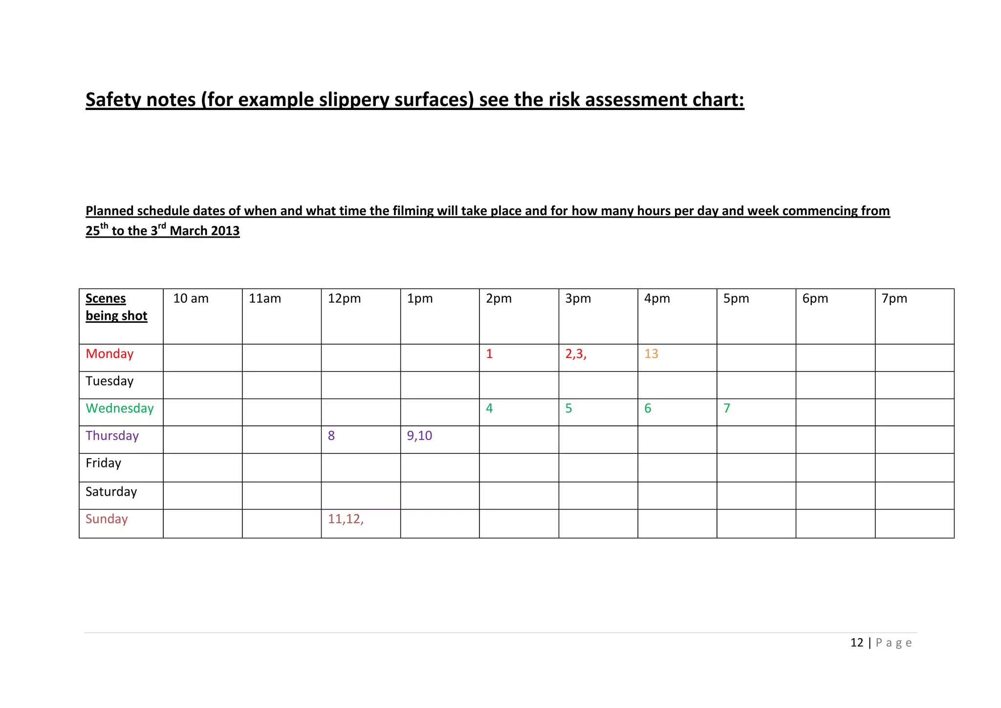 Safety notes (for example slippery surfaces) see the risk assessment chart:




Planned schedule dates of when and what time the filming will take place and for how many hours per day and week commencing from
25th to the 3rd March 2013



Scenes       10 am       11am         12pm         1pm         2pm          3pm         4pm          5pm          6pm          7pm
being shot

Monday                                                         1            2,3,        13
Tuesday
Wednesday                                                      4            5           6            7
Thursday                              8            9,10
Friday

Saturday
Sunday                                11,12,




                                                                                                                         12 | P a g e
 