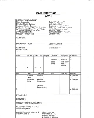 PRODUCT]ON COMPANY
Film: Ominousity
Director: Maxim Gummer
Producer: Maxim Gummer
Prod uction Manager A4trxiwr dr4mrycr
1
st
Assistant Director 5on,.tlrs!n 4rVA
2nd Assistant Director
Date L1-u,Aw*'^'i'
Unit Call: 4:00pm
Costume - fac.r,n t,krwr*Y
Make-Uo - fr^t^*irl' (-qw*w
WeatheiReport -Lo'Ab
Sunrise/Sunset - 7',Uotr.,r
PRODUCTION OFFICE UNIT OFFICE
WV11 1RD
LOCATION/STUDIO Location Contact:
(01e02) 556360
Sets Sc. No D/N UE Pages Location Synopsis Cast No.
1 1 D
Science
class
room
Brandon
sees scary
man
outside
1
2
3
No Cast Character Pta WR M/U On Set
1
2
3
Brandon
Owen
Jonathan
Potts
Brandon
Random
Student No.1
Random
Student No.2
4:00-6:00
4:00-6:00
4:00-6:00
STAND INS: 1
CROWDS:10
PRODUCTION REQUIREMENTS
MAKEU P/COSTUM E: HeathPark
Uniform Scary Mask
CAMERA/RUSHES: Canon Xa1 0
LIGHTING: LED *3
TOILETS: On site
FACILITIES: On site
SPECIAL NOTES:
ADVANCE SCHEDULE:
CALL SHEET NO......
DAY 1
 A/11 1RD
HEATH PARK
 