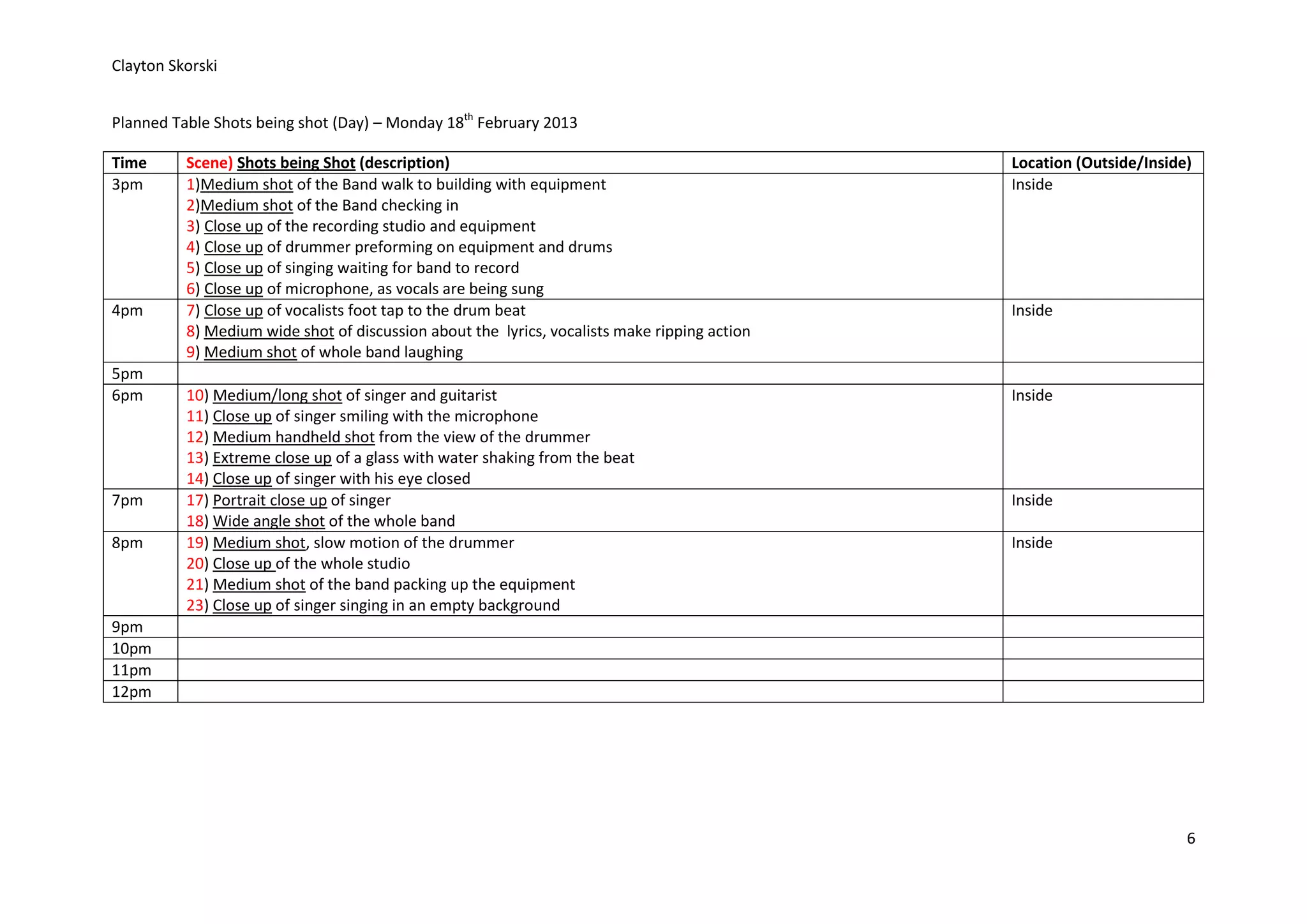 Clayton Skorski


Planned Table Shots being shot (Day) – Monday 18th February 2013

Time      Scene) Shots being Shot (description)                                               Location (Outside/Inside)
3pm       1)Medium shot of the Band walk to building with equipment                           Inside
          2)Medium shot of the Band checking in
          3) Close up of the recording studio and equipment
          4) Close up of drummer preforming on equipment and drums
          5) Close up of singing waiting for band to record
          6) Close up of microphone, as vocals are being sung
4pm       7) Close up of vocalists foot tap to the drum beat                                  Inside
          8) Medium wide shot of discussion about the lyrics, vocalists make ripping action
          9) Medium shot of whole band laughing
5pm
6pm       10) Medium/long shot of singer and guitarist                                        Inside
          11) Close up of singer smiling with the microphone
          12) Medium handheld shot from the view of the drummer
          13) Extreme close up of a glass with water shaking from the beat
          14) Close up of singer with his eye closed
7pm       17) Portrait close up of singer                                                     Inside
          18) Wide angle shot of the whole band
8pm       19) Medium shot, slow motion of the drummer                                         Inside
          20) Close up of the whole studio
          21) Medium shot of the band packing up the equipment
          23) Close up of singer singing in an empty background
9pm
10pm
11pm
12pm




                                                                                                                      6
 