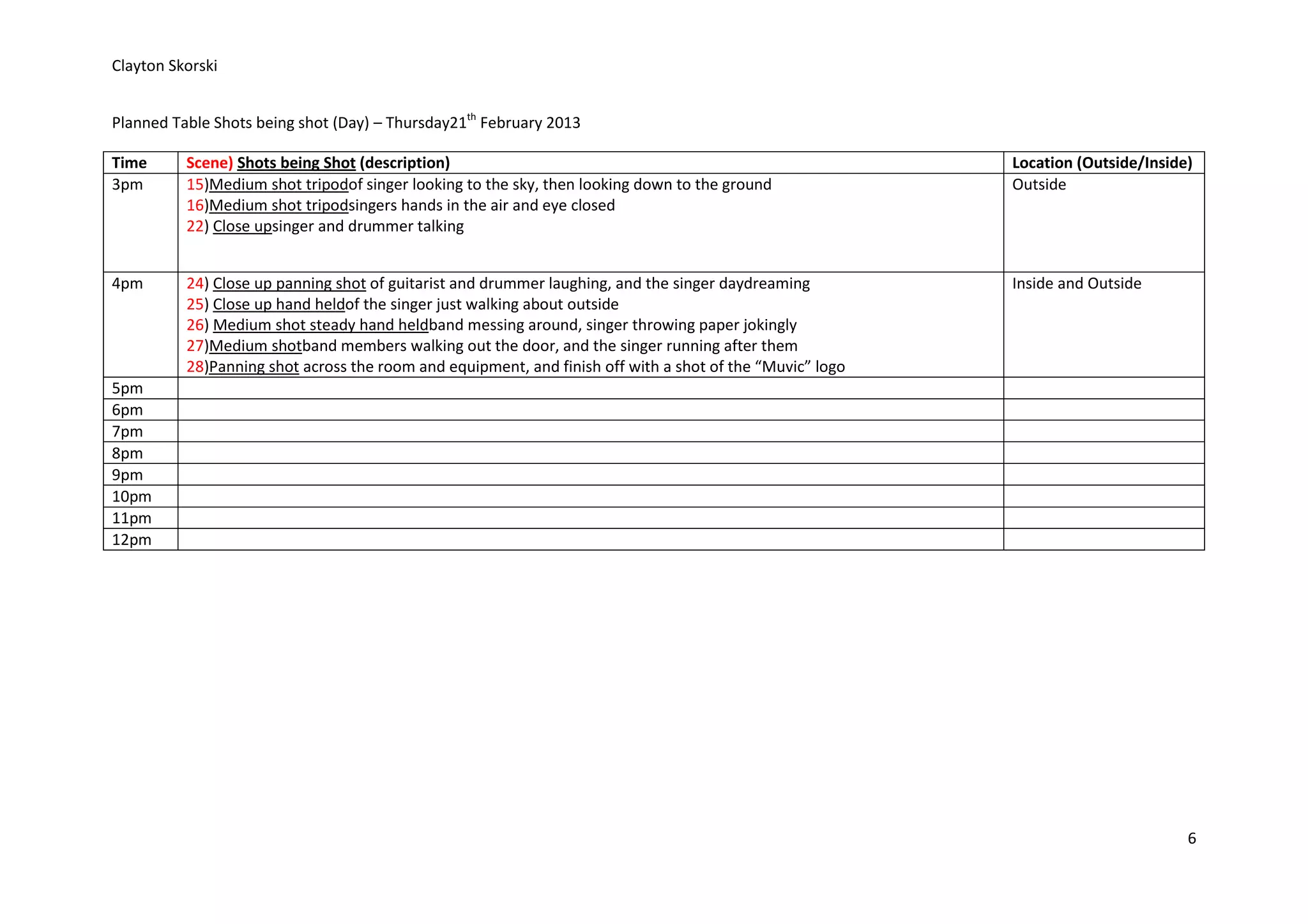 Clayton Skorski


Planned Table Shots being shot (Day) – Thursday21th February 2013

Time      Scene) Shots being Shot (description)                                                           Location (Outside/Inside)
3pm       15)Medium shot tripodof singer looking to the sky, then looking down to the ground              Outside
          16)Medium shot tripodsingers hands in the air and eye closed
          22) Close upsinger and drummer talking


4pm       24) Close up panning shot of guitarist and drummer laughing, and the singer daydreaming         Inside and Outside
          25) Close up hand heldof the singer just walking about outside
          26) Medium shot steady hand heldband messing around, singer throwing paper jokingly
          27)Medium shotband members walking out the door, and the singer running after them
          28)Panning shot across the room and equipment, and finish off with a shot of the “Muvic” logo
5pm
6pm
7pm
8pm
9pm
10pm
11pm
12pm




                                                                                                                                  6
 