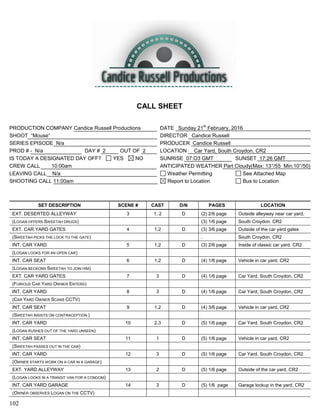 Call sheet scream studioand car yard PDF Call sheet scream studioand car yard PDF